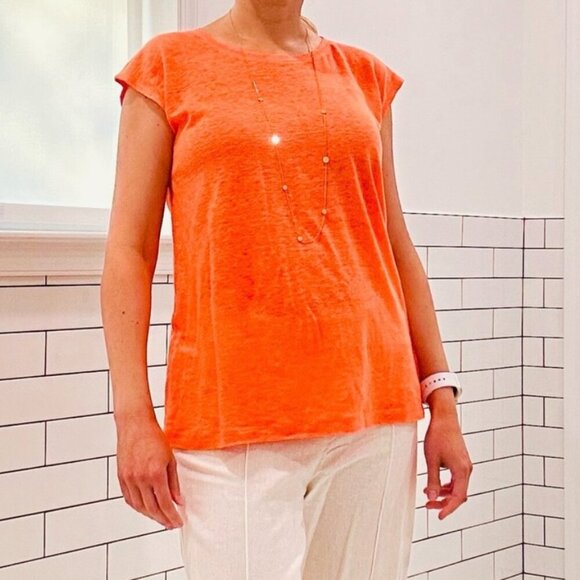 Tahari Coral 100% Linen Cap Sleeve Top Size Large - Picture 2 of 10